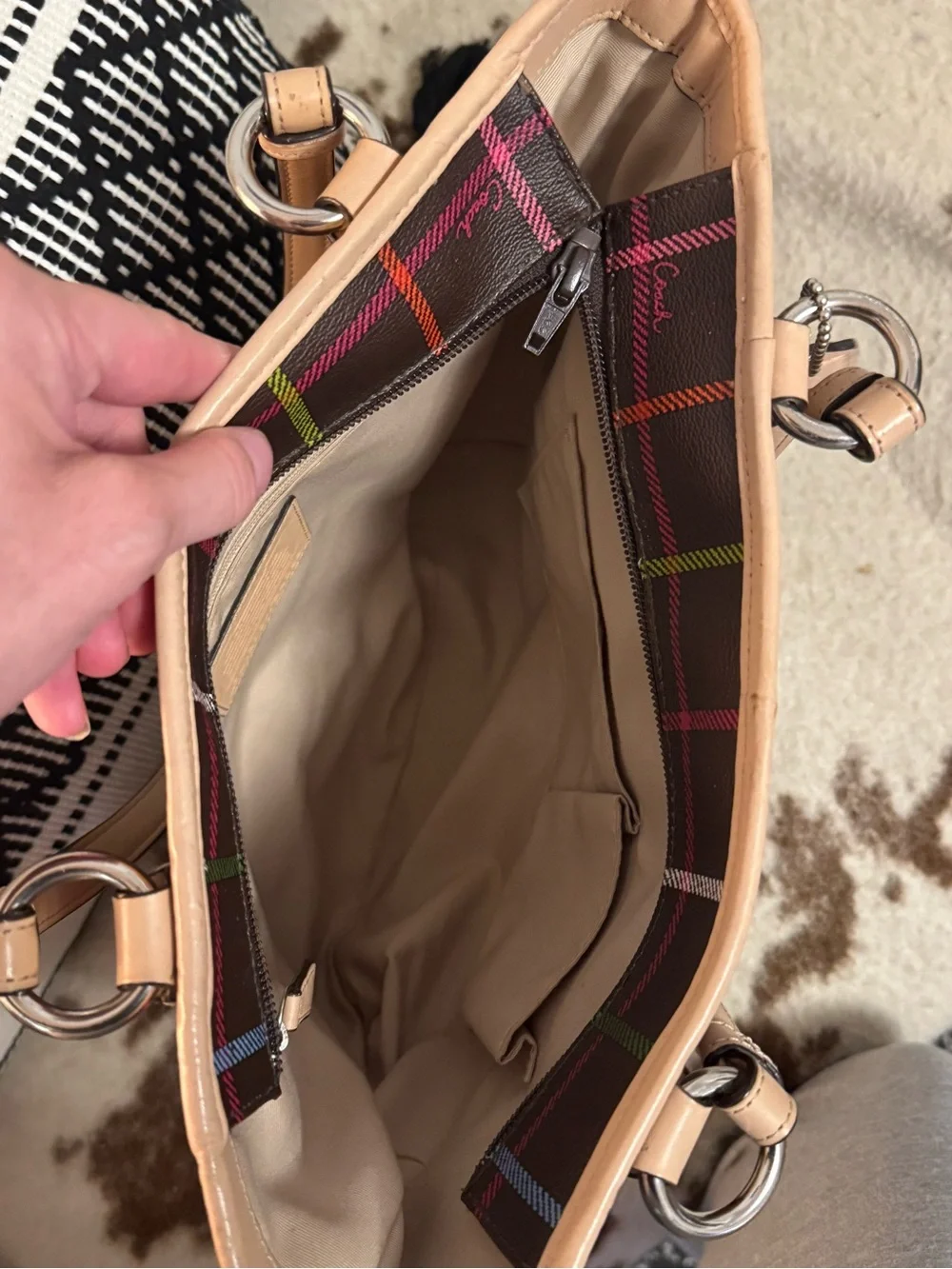 Coach Brown Plaid Tote with Multicolor Stripe Accents and Tan Leather Trim